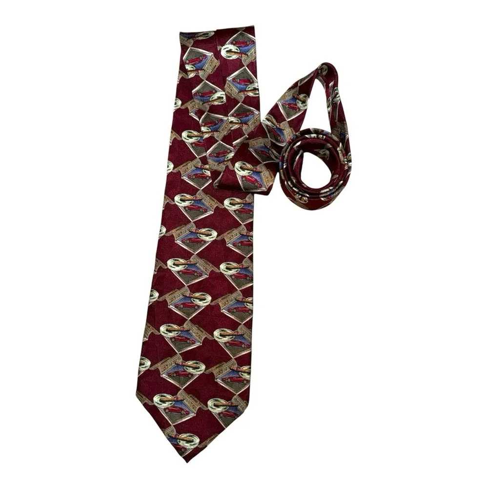 Prestige Silk Magazine Panel Tie Classic Car Cigar Ashtray Maroon 57.5 x 4 USA